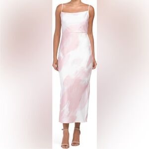 Taylor Dress Pink White Midi Cowl Neck Satin Slip Cocktail Painted Pattern